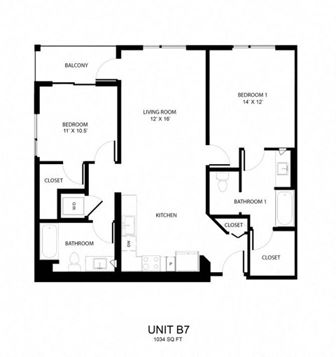Floor plan for 2 beds, 2 baths, 1034 sqft